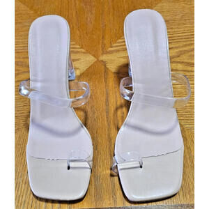 Women's beige square toe heeled sandals with clear pvc straps and toe loop SZ 8